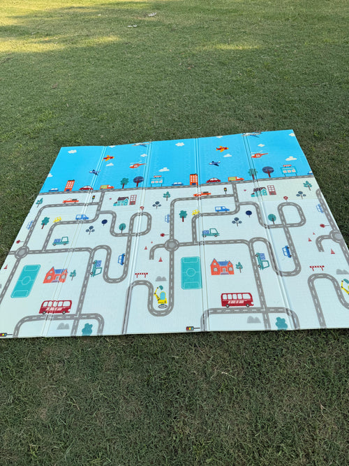 Extra Large Foldable Play Mat (6 x 6.5 ft) | Double-Sided Car Track & Giraffe Adventure