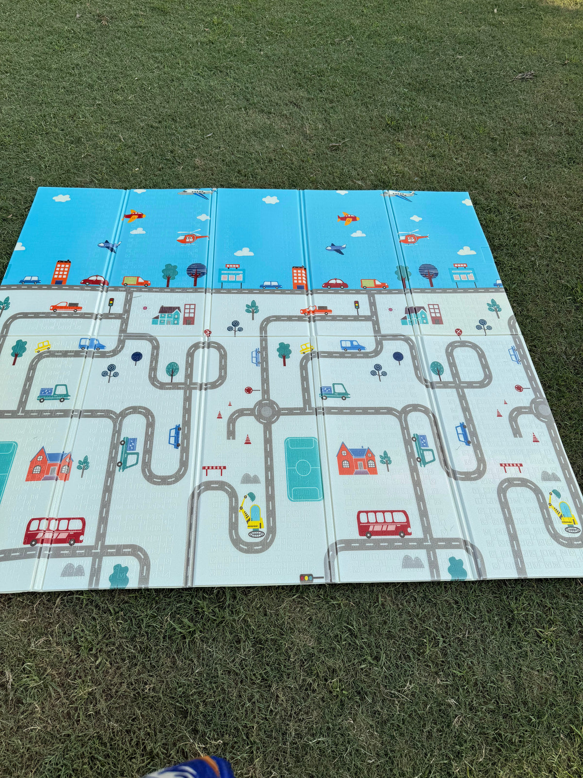 Extra Large Foldable Play Mat (6 x 6.5 ft) | Double-Sided Car Track & Giraffe Adventure